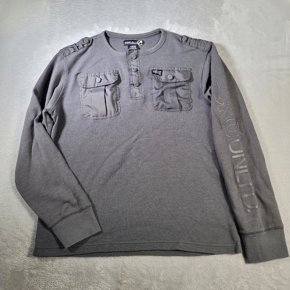 Ecko Unltd Henley Shirt Mens Large Gray Long Sleeve Waffle Thermal Utility Logo